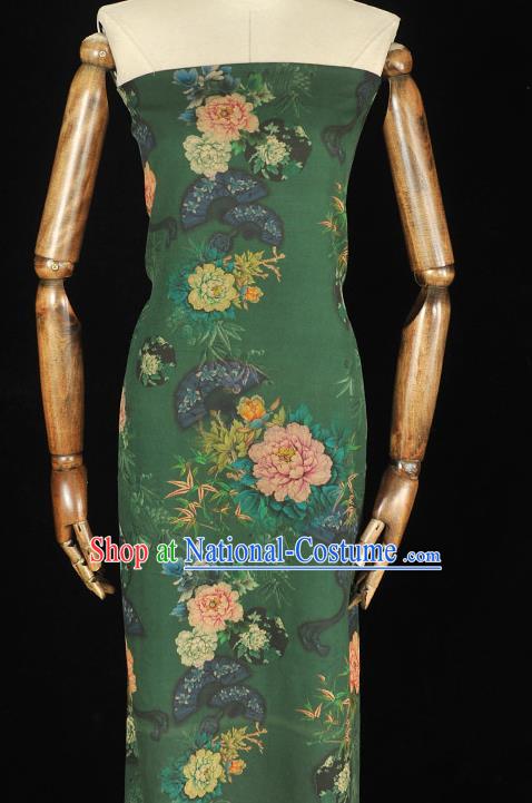 Top Chinese Classical Peony Bamboo Fan Pattern Silk Material Cheongsam Green Gambiered Guangdong Gauze Traditional Cloth Fabric