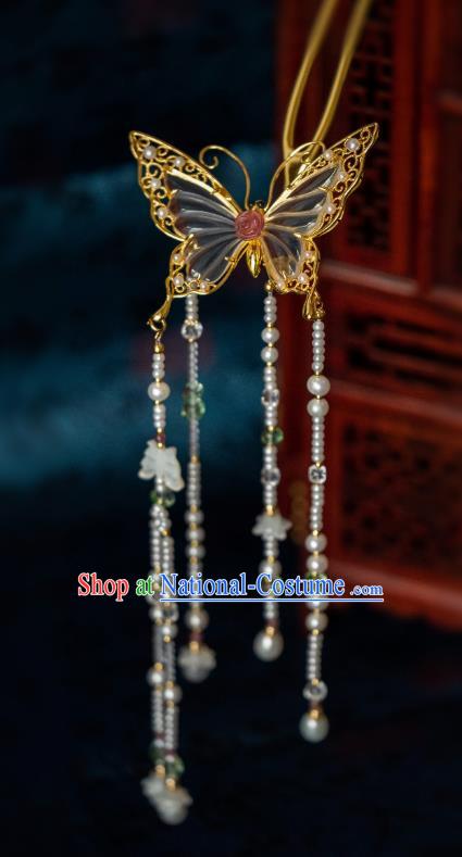 China Traditional Hanfu Crystal Butterfly Tassel Hairpin Ancient Ming Dynasty Gilding Hair Jewelry Hair Accessories