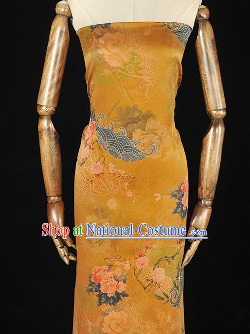 Chinese Traditional Top Cloth Fabric Classical Peony Pattern Yellow Silk Material Cheongsam Gambiered Guangdong Gauze