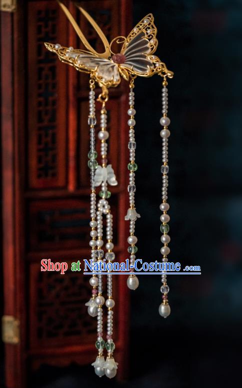 China Traditional Hanfu Crystal Butterfly Tassel Hairpin Ancient Ming Dynasty Gilding Hair Jewelry Hair Accessories