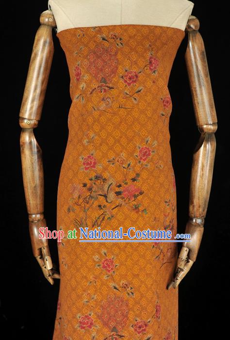 Top Traditional Cloth Fabric Cheongsam Gambiered Guangdong Gauze Chinese Classical Rose Flowers Pattern Yellow Silk Material