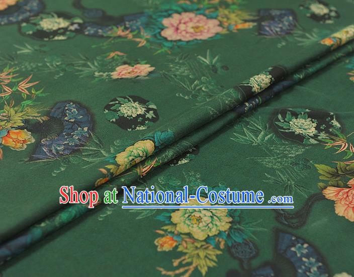 Top Chinese Classical Peony Bamboo Fan Pattern Silk Material Cheongsam Green Gambiered Guangdong Gauze Traditional Cloth Fabric