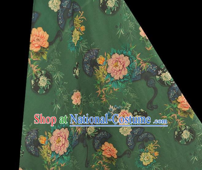 Top Chinese Classical Peony Bamboo Fan Pattern Silk Material Cheongsam Green Gambiered Guangdong Gauze Traditional Cloth Fabric