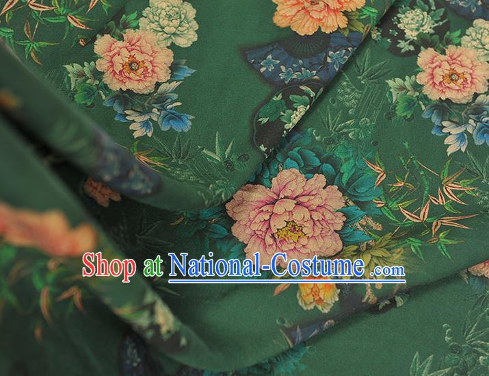 Top Chinese Classical Peony Bamboo Fan Pattern Silk Material Cheongsam Green Gambiered Guangdong Gauze Traditional Cloth Fabric