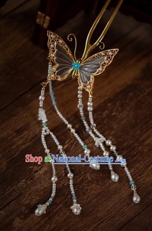 China Traditional Hanfu Pearls Tassel Hairpin Ancient Ming Dynasty Gilding Hair Jewelry Crystal Butterfly Hair Accessories