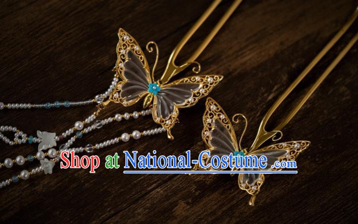 China Traditional Hanfu Pearls Tassel Hairpin Ancient Ming Dynasty Gilding Hair Jewelry Crystal Butterfly Hair Accessories