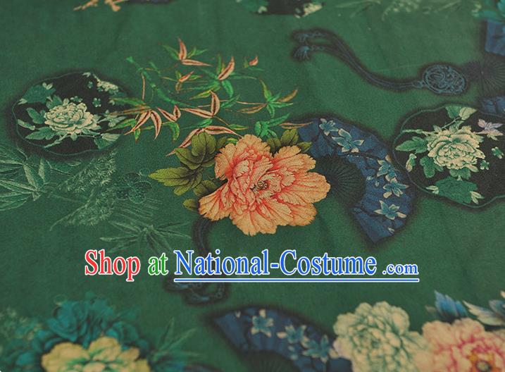 Top Chinese Classical Peony Bamboo Fan Pattern Silk Material Cheongsam Green Gambiered Guangdong Gauze Traditional Cloth Fabric