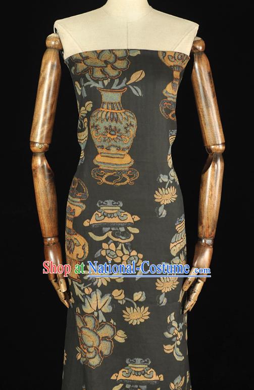 Chinese Classical Flower Vase Pattern Black Silk Material Top Cheongsam Cloth Fabric Traditional Gambiered Guangdong Gauze