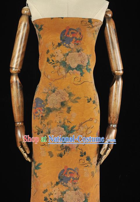 Chinese Traditional Fabric Cheongsam Gambiered Guangdong Gauze Classical Mangnolia Peony Pattern Yellow Silk Material