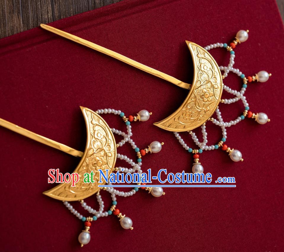 China Traditional Tang Dynasty Hanfu Hairpins Hair Accessories Ancient Empress Gilding Pearls Tassel Hair Sticks