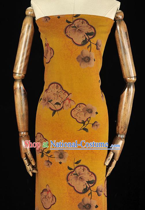 Top Chinese Cheongsam Gambiered Guangdong Gauze Traditional Cloth Fabric Classical Flowers Pattern Yellow Silk Material