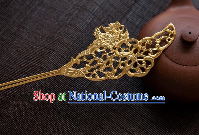 China Tang Dynasty Gilding Carving Phoenix Hairpins Ancient Princess Hair Stick Traditional Hanfu Hair Accessories