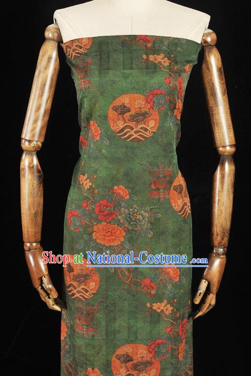 Chinese Classical Peony Flowers Pattern Silk Fabric Traditional Green Gambiered Guangdong Gauze Cheongsam Cloth Material