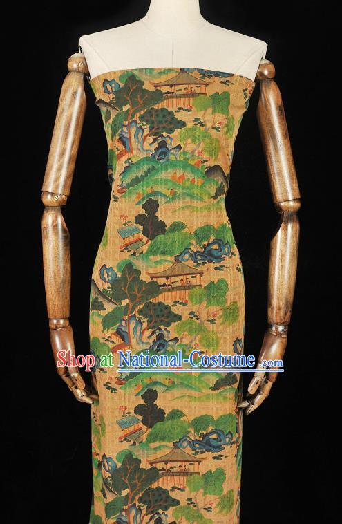 Chinese Cheongsam Yellow Cloth Material Traditional Gambiered Guangdong Gauze Classical Pavilion Pattern Silk Fabric