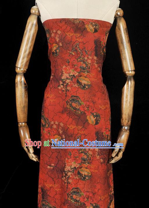 Chinese Cheongsam Red Cloth Material Traditional Gambiered Guangdong Gauze Classical Peony Plum Pattern Silk Fabric