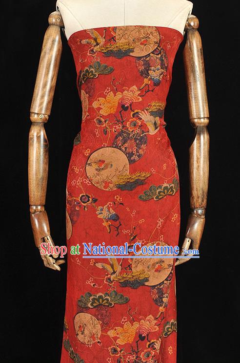 Chinese Traditional Red Gambiered Guangdong Gauze Classical Crane Plum Pattern Silk Fabric Cheongsam Cloth Material