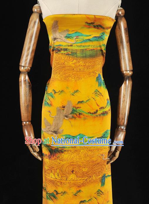 Chinese Classical Crane Pattern Silk Fabric Traditional Yellow Gambiered Guangdong Gauze Cheongsam Cloth Material