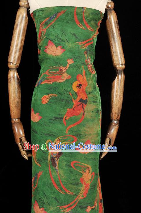 Chinese Traditional Green Gambiered Guangdong Gauze Cheongsam Cloth Material Classical Flying Apsaras Pattern Silk Fabric