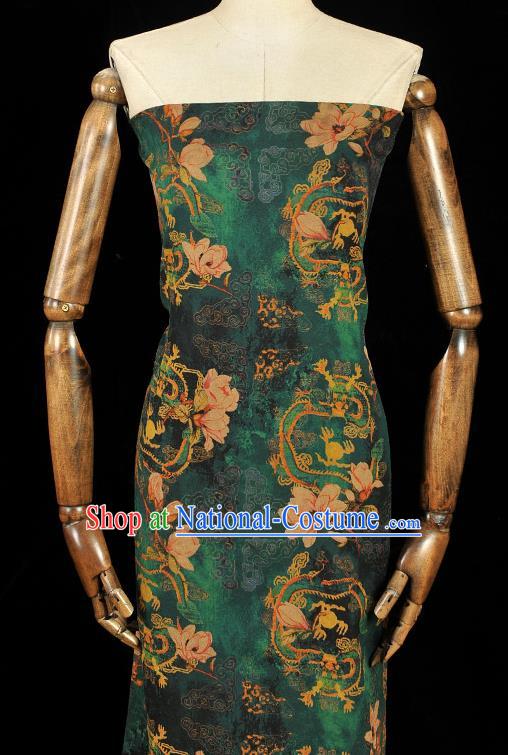 Chinese Classical Mangnolia Pattern Gambiered Guangdong Gauze Cloth Material Traditional Cheongsam Deep Green Silk Fabric