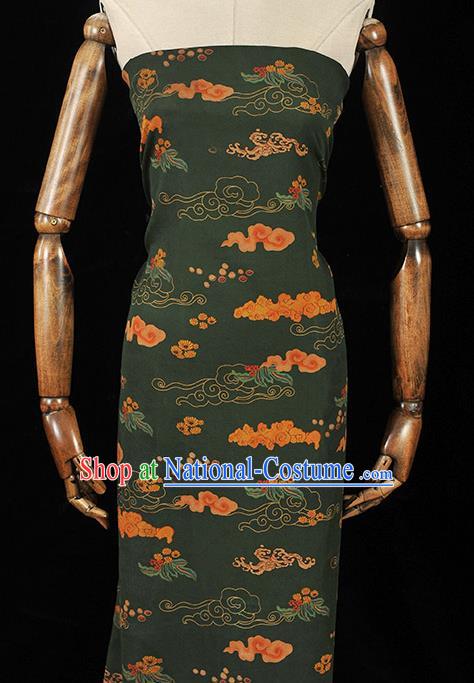 Chinese Traditional Cheongsam Atrovirens Silk Fabric Classical Clouds Pattern Gambiered Guangdong Gauze Cloth Material