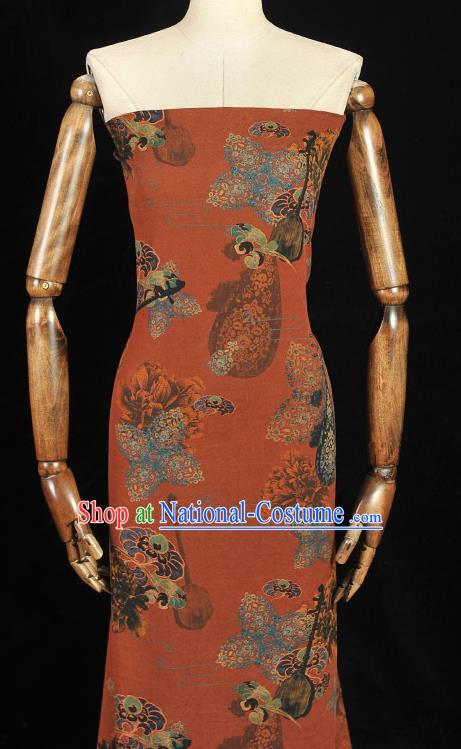 Chinese Traditional Cloth Material Cheongsam Rust Red Silk Fabric Classical Lute Pattern Gambiered Guangdong Gauze