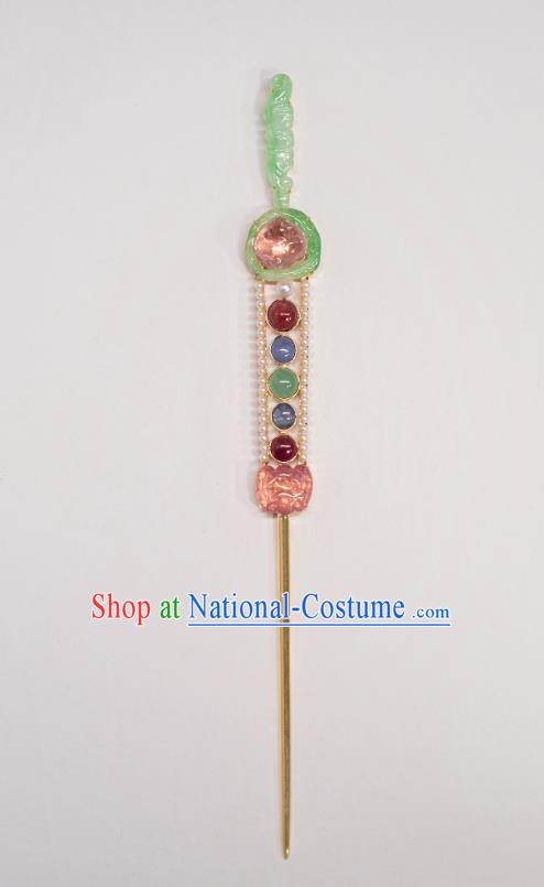 China Ancient Imperial Concubine Gems Hairpin Qing Dynasty Court Hair Accessories Traditional Jade Bat Hair Stick