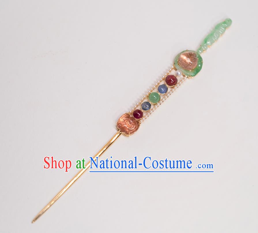 China Ancient Imperial Concubine Gems Hairpin Qing Dynasty Court Hair Accessories Traditional Jade Bat Hair Stick