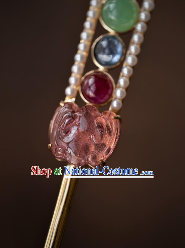 China Ancient Imperial Concubine Gems Hairpin Qing Dynasty Court Hair Accessories Traditional Jade Bat Hair Stick