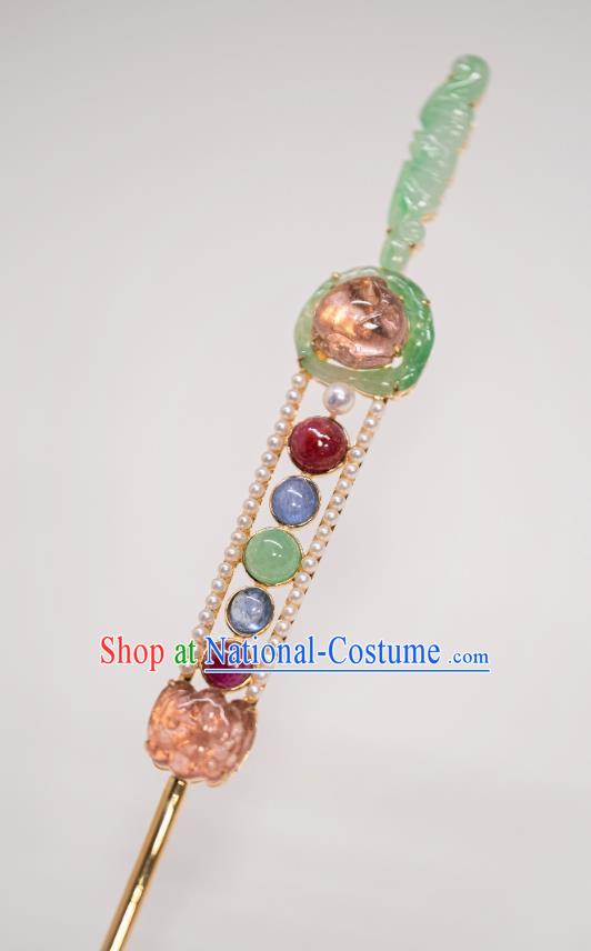 China Ancient Imperial Concubine Gems Hairpin Qing Dynasty Court Hair Accessories Traditional Jade Bat Hair Stick