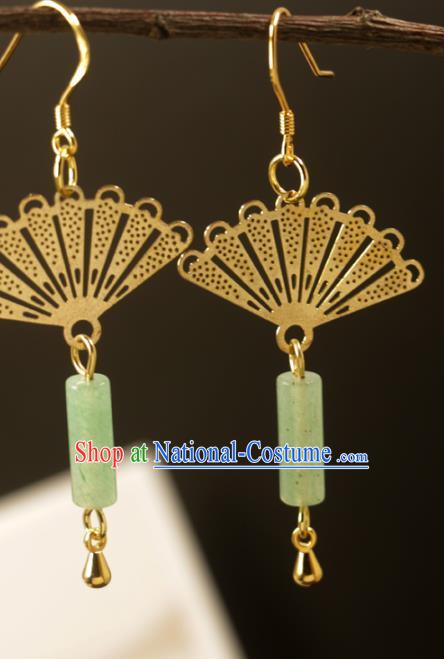 Handmade Chinese National Jade Tassel Earrings Traditional Cheongsam Classical Golden Fan Ear Accessories