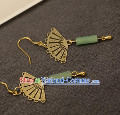 Handmade Chinese National Jade Tassel Earrings Traditional Cheongsam Classical Golden Fan Ear Accessories