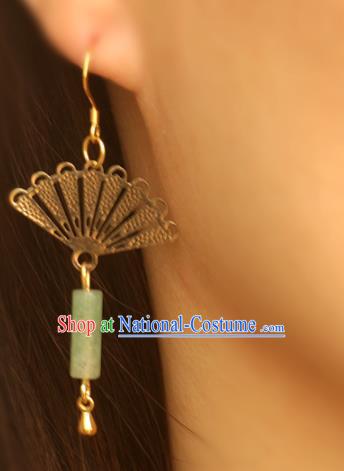 Handmade Chinese National Jade Tassel Earrings Traditional Cheongsam Classical Golden Fan Ear Accessories