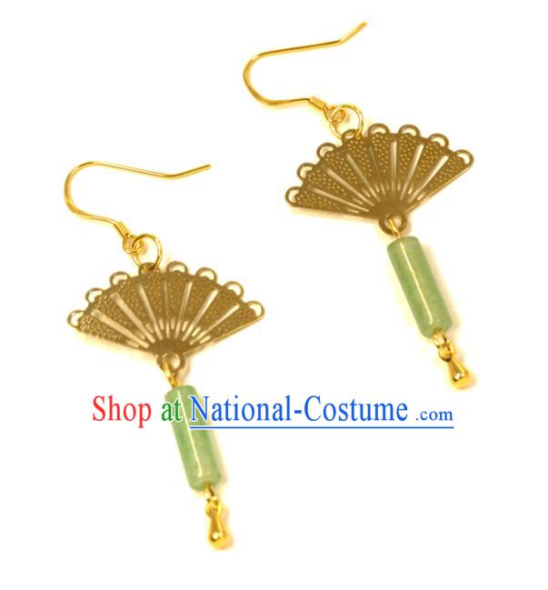 Handmade Chinese National Jade Tassel Earrings Traditional Cheongsam Classical Golden Fan Ear Accessories