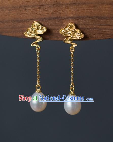 China Traditional Ming Dynasty Pearls Earrings Ancient Court Empress Golden Cloud Ear Jewelry Accessories