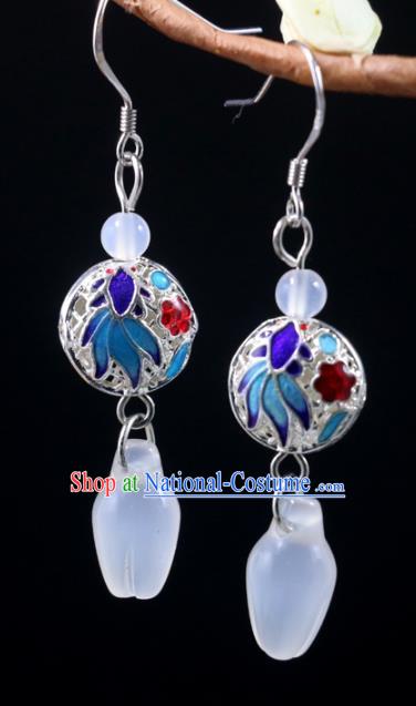 Handmade Traditional White Chalcedony Ear Accessories Chinese National Cloisonne Earrings