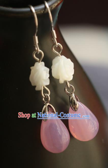 Handmade Traditional Shell Carving Rose Ear Accessories Chinese National Pink Water Drop Earrings