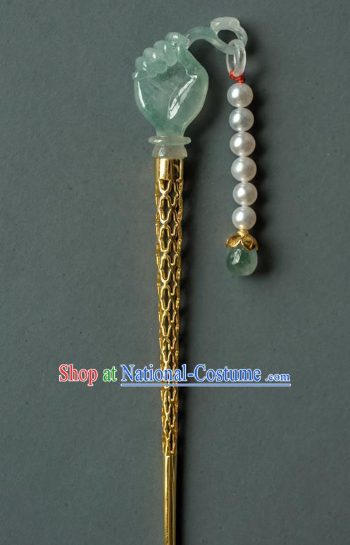 China Ming Dynasty Jade Buddha Hand Hairpin Traditional Ancient Court Woman Hair Accessories Hanfu Hair Stick