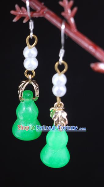 Handmade Traditional Green Jade Gourd Ear Accessories Chinese Hanfu Jewelry National Earrings