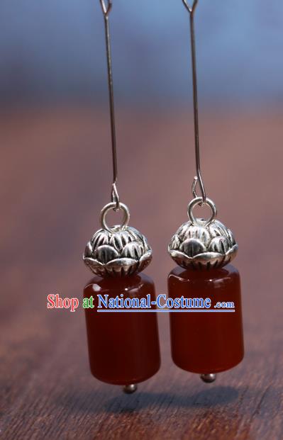 Handmade Traditional Silver Lotus Ear Accessories Chinese Hanfu Jewelry National Agate Earrings