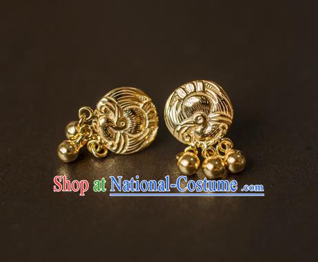 China Ancient Princess Golden Carving Crane Ear Jewelry Accessories Traditional Tang Dynasty Empress Earrings