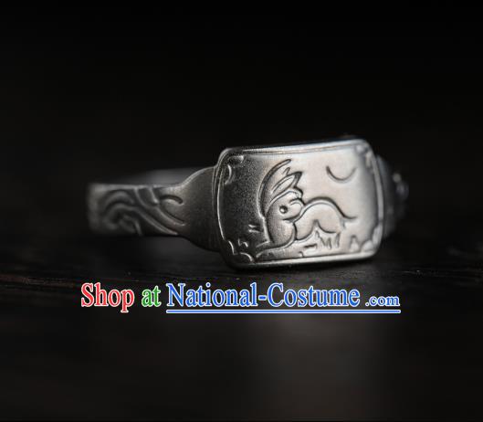 China Ming Dynasty Silver Ring Ancient Princess Carving Rabbit Finger Ring for Women