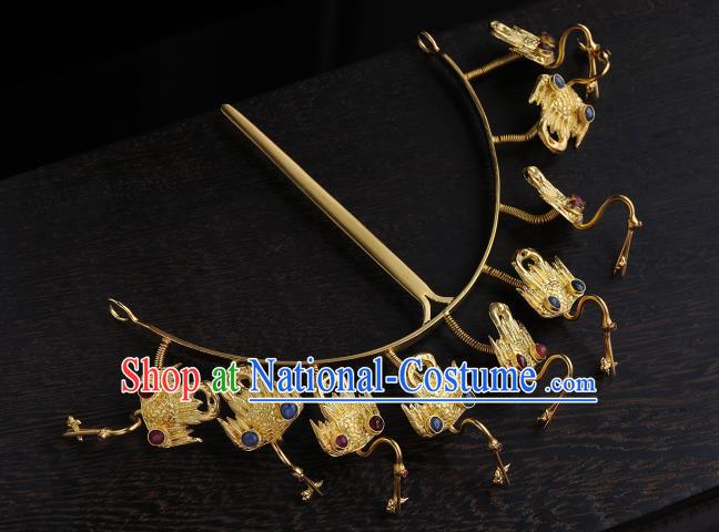 China Handmade Golden Nine Phoenix Hair Accessories Ancient Empress Hair Crown Ming Dynasty Palace Gems Hairpin for Women