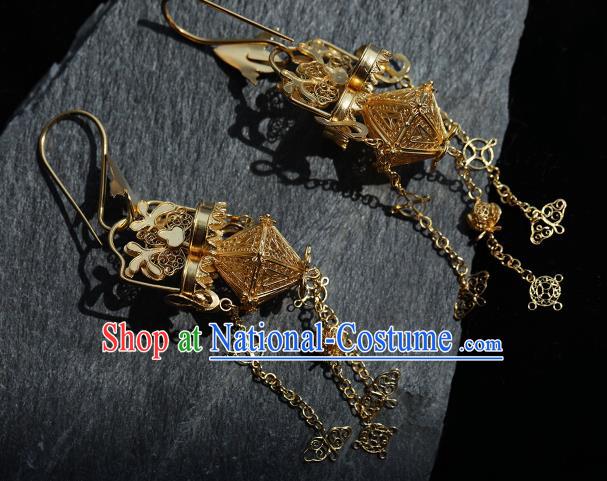 Handmade Chinese Traditional Ming Dynasty Tassel Ear Accessories Jewelry Ancient Court Empress Golden Earrings