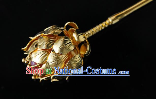 China Traditional Handmade Golden Lotus Hair Accessories Ancient Empress Hair Clip Ming Dynasty Palace Hairpin for Women