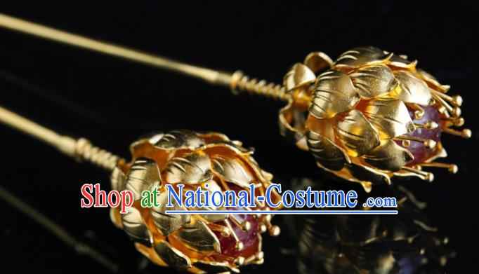 China Traditional Handmade Golden Lotus Hair Accessories Ancient Empress Hair Clip Ming Dynasty Palace Hairpin for Women