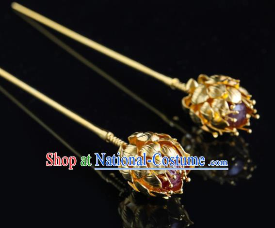 China Traditional Handmade Golden Lotus Hair Accessories Ancient Empress Hair Clip Ming Dynasty Palace Hairpin for Women