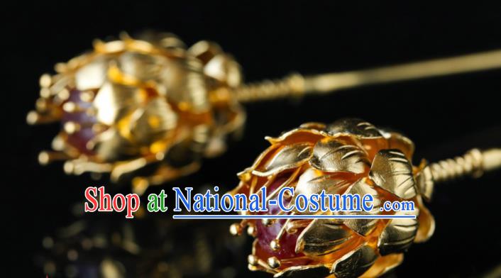 China Traditional Handmade Golden Lotus Hair Accessories Ancient Empress Hair Clip Ming Dynasty Palace Hairpin for Women