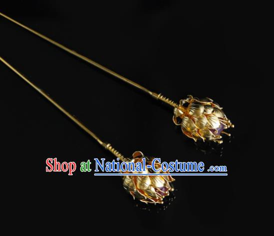 China Traditional Handmade Golden Lotus Hair Accessories Ancient Empress Hair Clip Ming Dynasty Palace Hairpin for Women