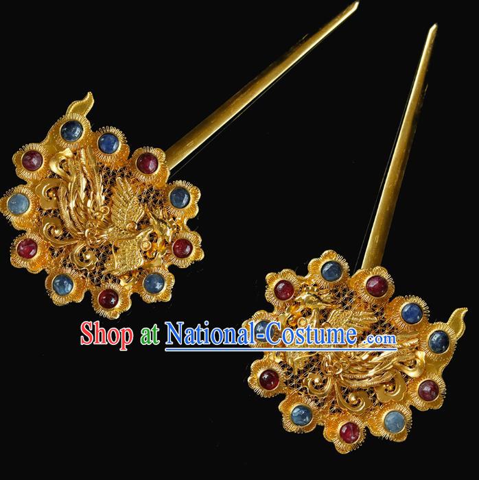 China Traditional Hanfu Hair Accessories Handmade Ancient Empress Hair Sticks Ming Dynasty Palace Golden Gems Hairpin for Women