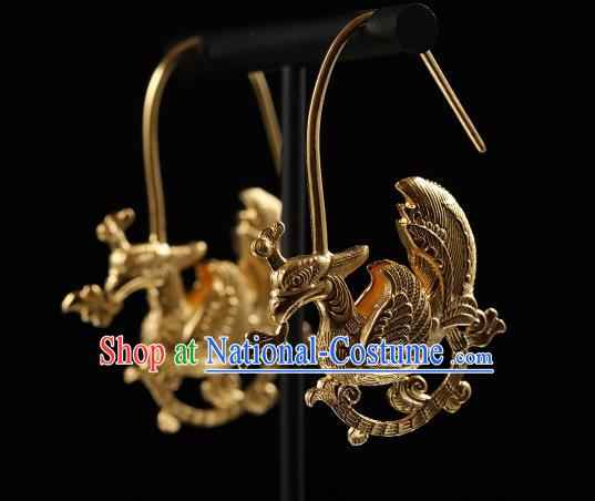 Handmade Chinese Traditional Ming Dynasty Ear Accessories Jewelry Ancient Court Empress Golden Phoenix Earrings